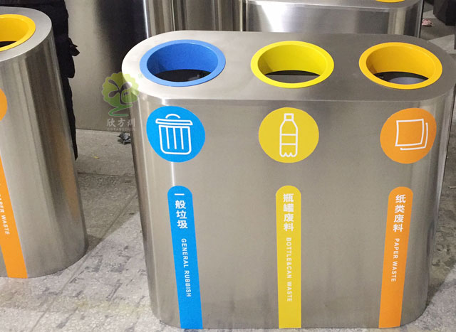 地铁不锈钢三分类垃圾桶-室内斜面投口不锈钢垃圾桶定制