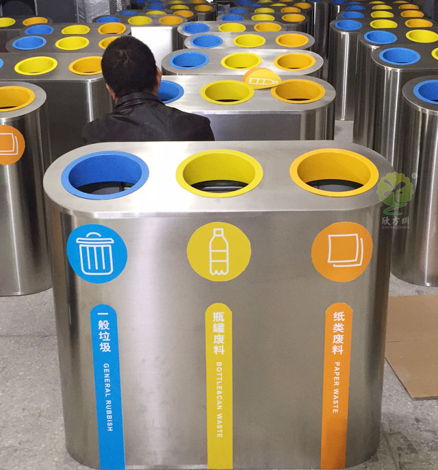 地铁不锈钢三分类垃圾桶-室内斜面投口不锈钢垃圾桶定制