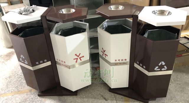 惠州企业六角钢制分类户外垃圾桶工厂生产图
