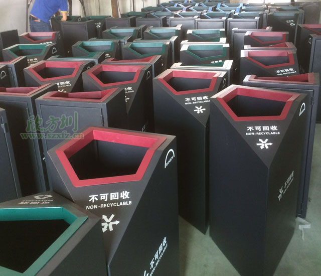 苏州天虹商场钢板喷塑分类垃圾桶厂家生产图
