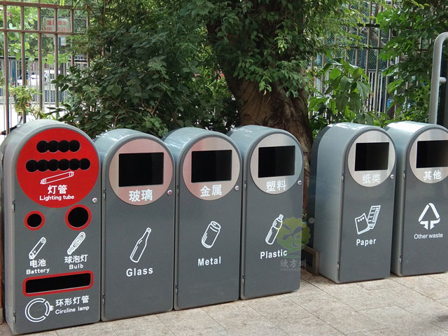 深圳垃圾分类标准六分类垃圾桶摆放及生产实景图