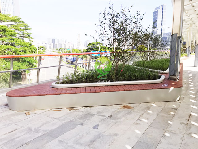 前海合作区跨街公园G9天桥廊桥景观不锈钢花池座椅街区竹木坐凳