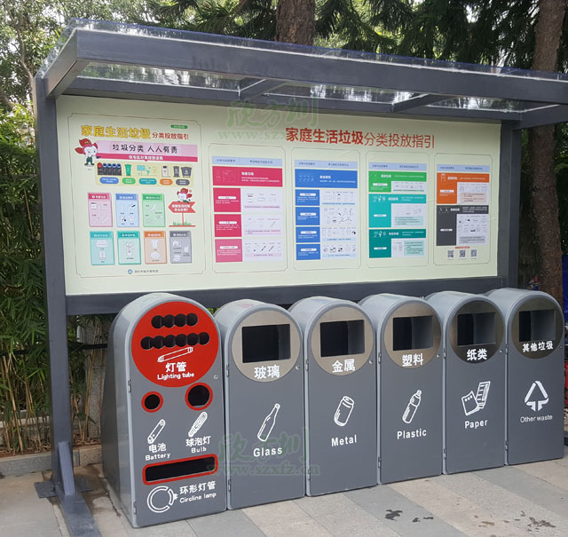 深圳机关单位新款六分类玻金塑纸垃圾分类收集容器户外摆放图