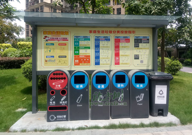 深圳市政垃圾分类亭玻金塑纸垃圾桶有害垃圾收集容器户外摆放图